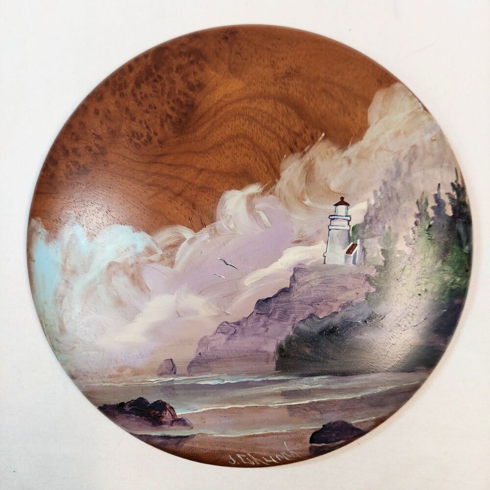 Lighthouse On a Hill Painting on Myrtlewood Burlwood 8" Round with Hangar